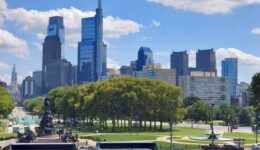 Philadelphia skyline as seen from the top of the steps of the Philadelphia Museum of Art.