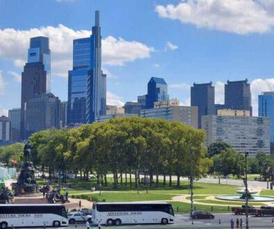 Philadelphia skyline as seen from the top of the steps of the Philadelphia Museum of Art.