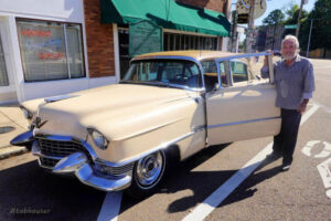 Tad Pierson with his 1955 Cadillac in front of Sun Studio hosting an American Dream Safari Tour of Memphis