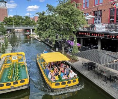 The canal in Bricktown OKC is lined with bars and restaurants.