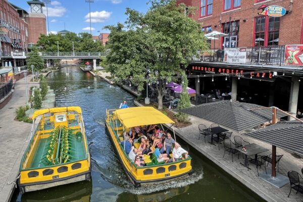 The canal in Bricktown OKC is lined with bars and restaurants.