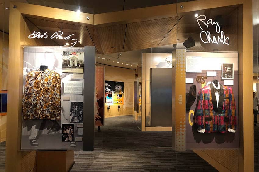 Displays on items belonging to legends like Elvis Presley, Ray Charles, and others at The Grammy Museum. Photo by Susmita Sengupta 