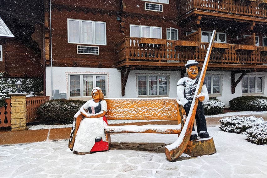 An early spring snow settles on the Chalet Landhaus Inn, a Swiss-themed hotel