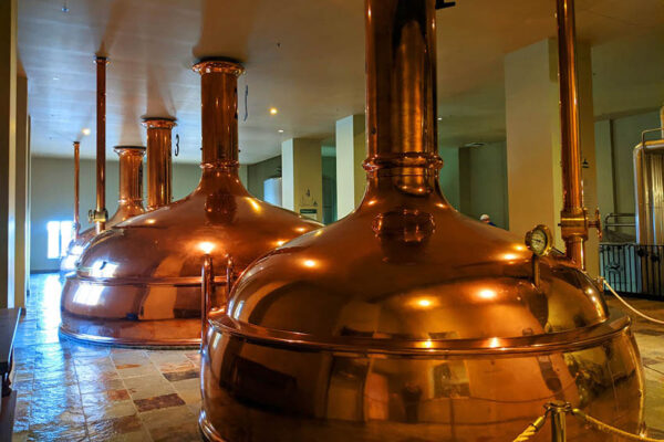 The gleaming copper vats of New Glarus Brewery