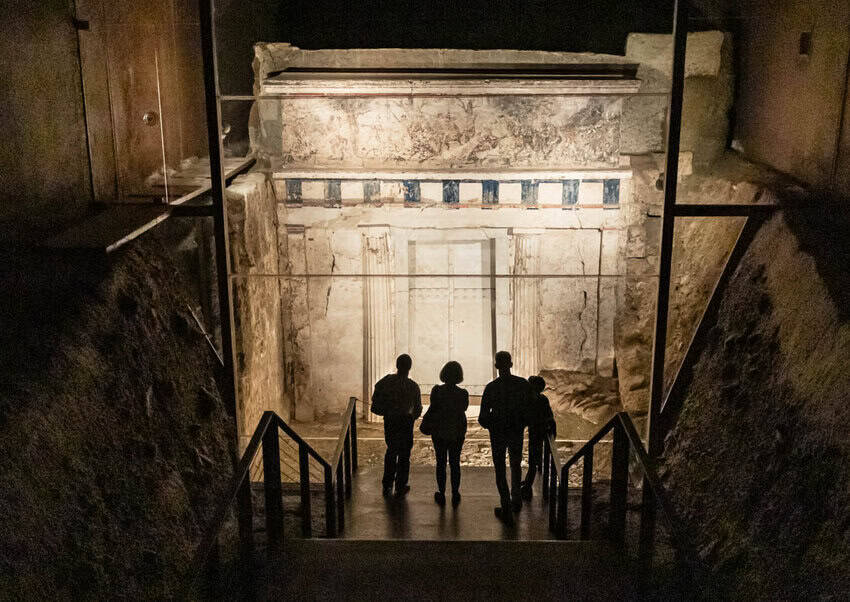 King Philip II’s (Philip of Macedonia) tomb is so massive that you walk down a staircase to see it. 