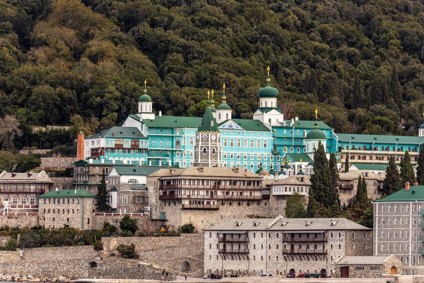 The St. Panteleimon Monastery is one of the Eastern Orthodox monasteries you see on a Mt Athos cruise.