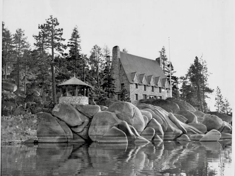 North Lake Tahoe, California 5 Vintage image of the Whittle Estate Stone House on the shore of Lake Tahoe with large boulders in the foreground.