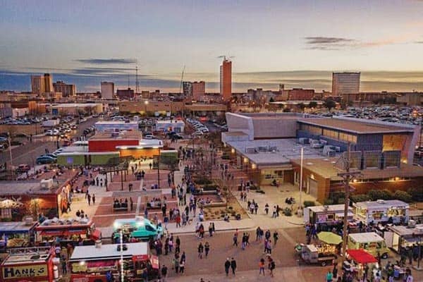 Lubbock: Surprising Hub of Creativity and Wine 3 The sun sets over First Fridays, a focal point of which is CASP. Photo: Visit Lubbock